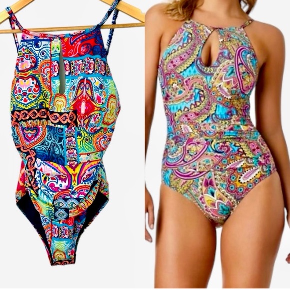 Ellen Tracy Other - ELLEN TRACY Red and Blue Paisley Keyhole High Neck 1PC Swimsuit 14